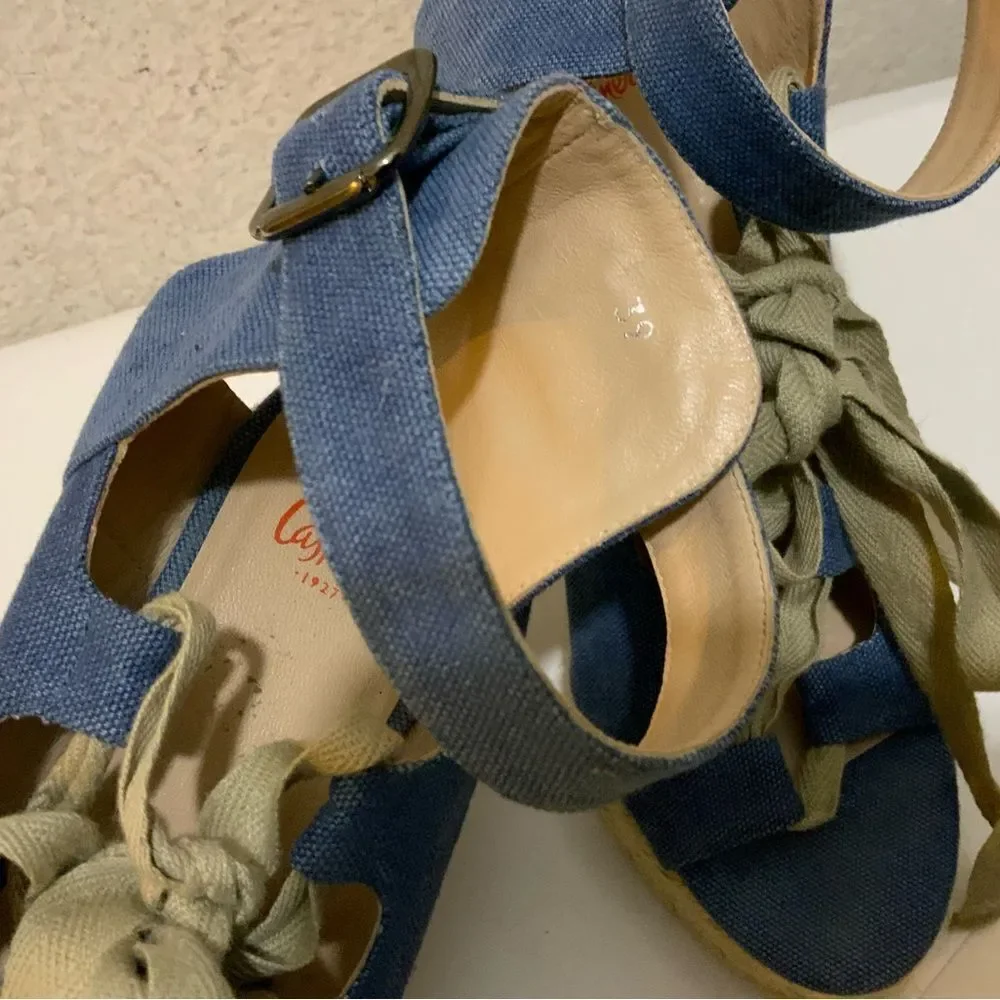 Castaner Leather lace up Denim look platform Wedge Espadrille Sandals 39